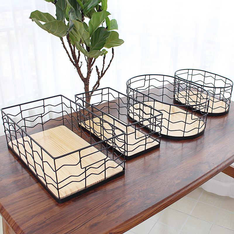 ins北欧铁艺收纳篮木板底座杂物筐化妆品面膜收纳盒简约风收纳筐