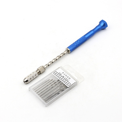 Blue extended semi-automatic hand twist drill for model aircraft DIY, with 10-piece set of 0.8-3.0mm twist drills