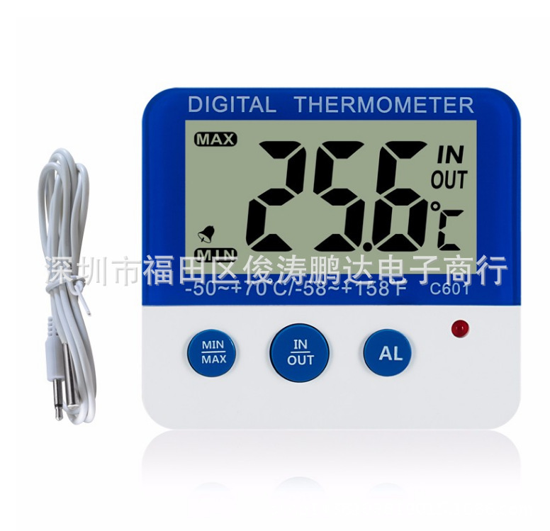 C601迷你报警室内外温度计 家用迷你冰箱温度计