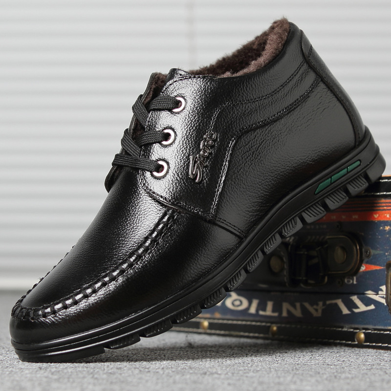 老爹毛鞋男2019冬季新款頭層牛皮系帶加厚加絨休閑男保暖真皮棉鞋