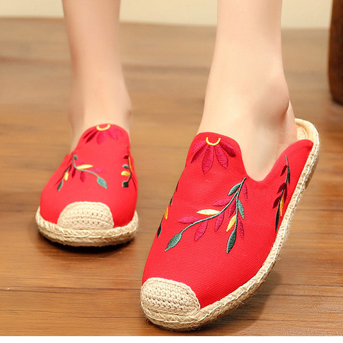 Tai chi kung fu shoes for women Embroidered leaf beijing shoes slippers women beach shoes hemp rope straw woven fisherman shoes 