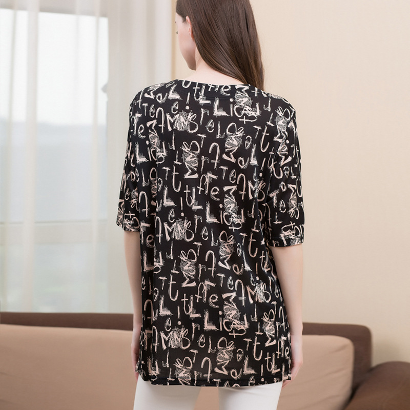 Silk T Shirt for Women Printed Round Neck Short Sleeve Loose Fit Plus Size Summer Top for Moms Wholesale