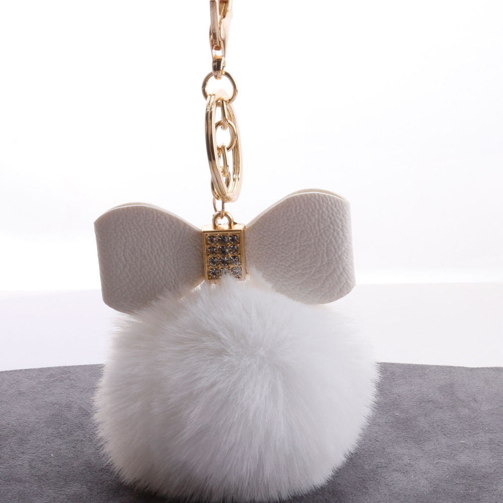 工厂8CM仿獭兔毛饰品钥匙扣可爱pu镶钻蝴蝶结女包包毛球挂件礼品