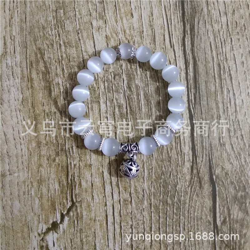 DIY天然猫眼石手链水晶单层串珠复古银手链玲珑球饰品批发