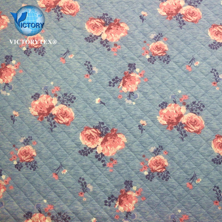 满底活性印花CVC空气层面料针织纬编提花菱形玫瑰印花3D空气层布