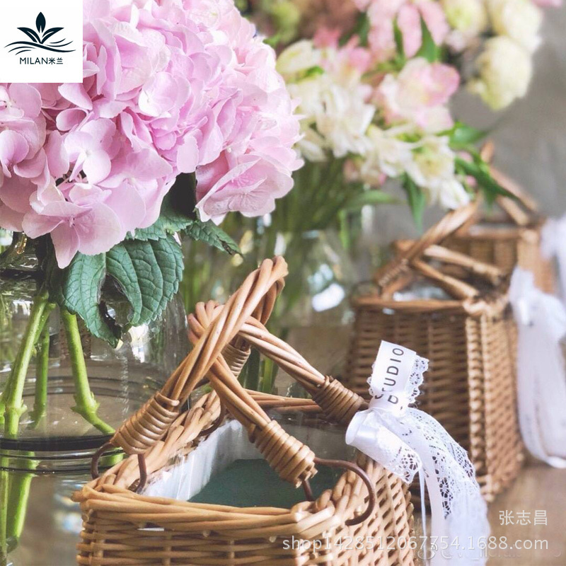 Cesta portátil de paja de Milán bolso de escuela coreano cesta de flores cesta de mimbre hecha a mano cesta de almacenamiento
