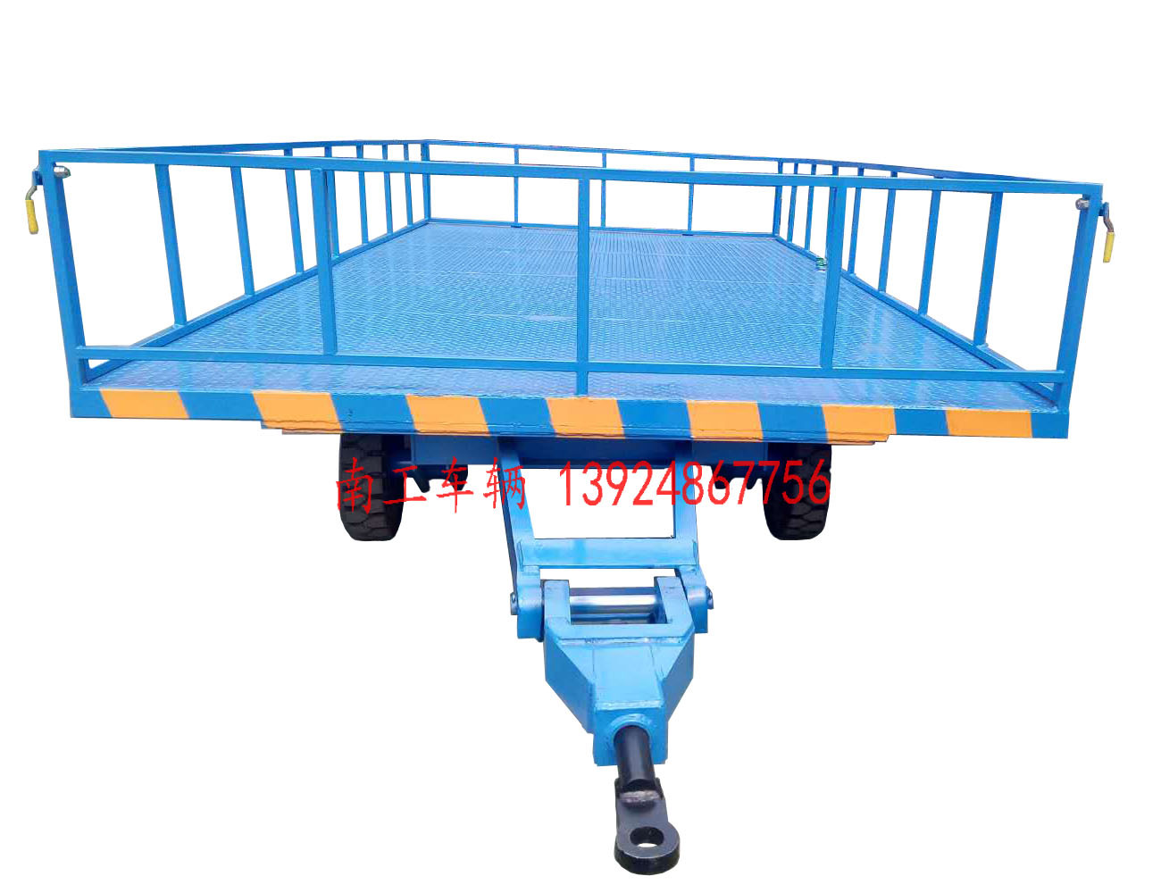 5吨护栏型无动力全挂车 蓝色平板拖车 护栏可拆型