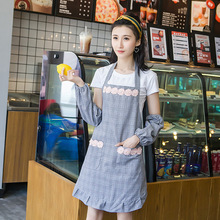 时尚防尘围裙布艺韩版格子厨房清洁围裙可爱韩式罩衣店服工作服
