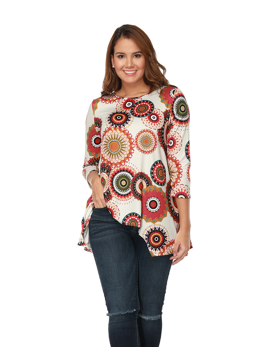 Fall Floral Print Top Polka Dot Round Neck Asymmetrical Design Casual Wear Wholesale Available