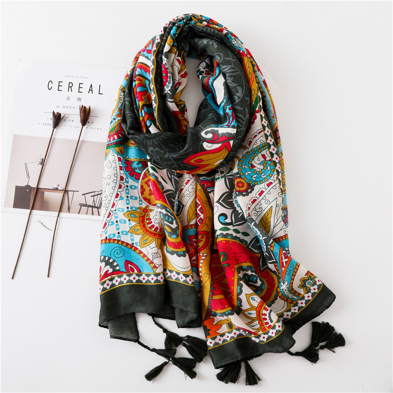 Sun Shawl Women Summer National Style Cotton And Linen Silk Scarf Printing Tassel Tulle Travel Beach Towel Sunshade Scarf display picture 27