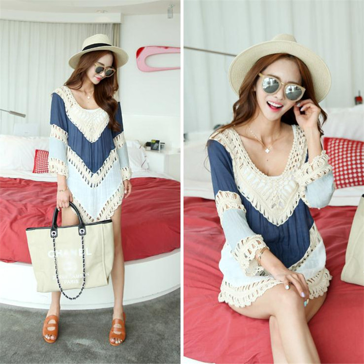 東南亞熱銷款度假風(fēng)韓版間色手勾拼接防曬衣鏤空泳衣外搭沙灘罩衫