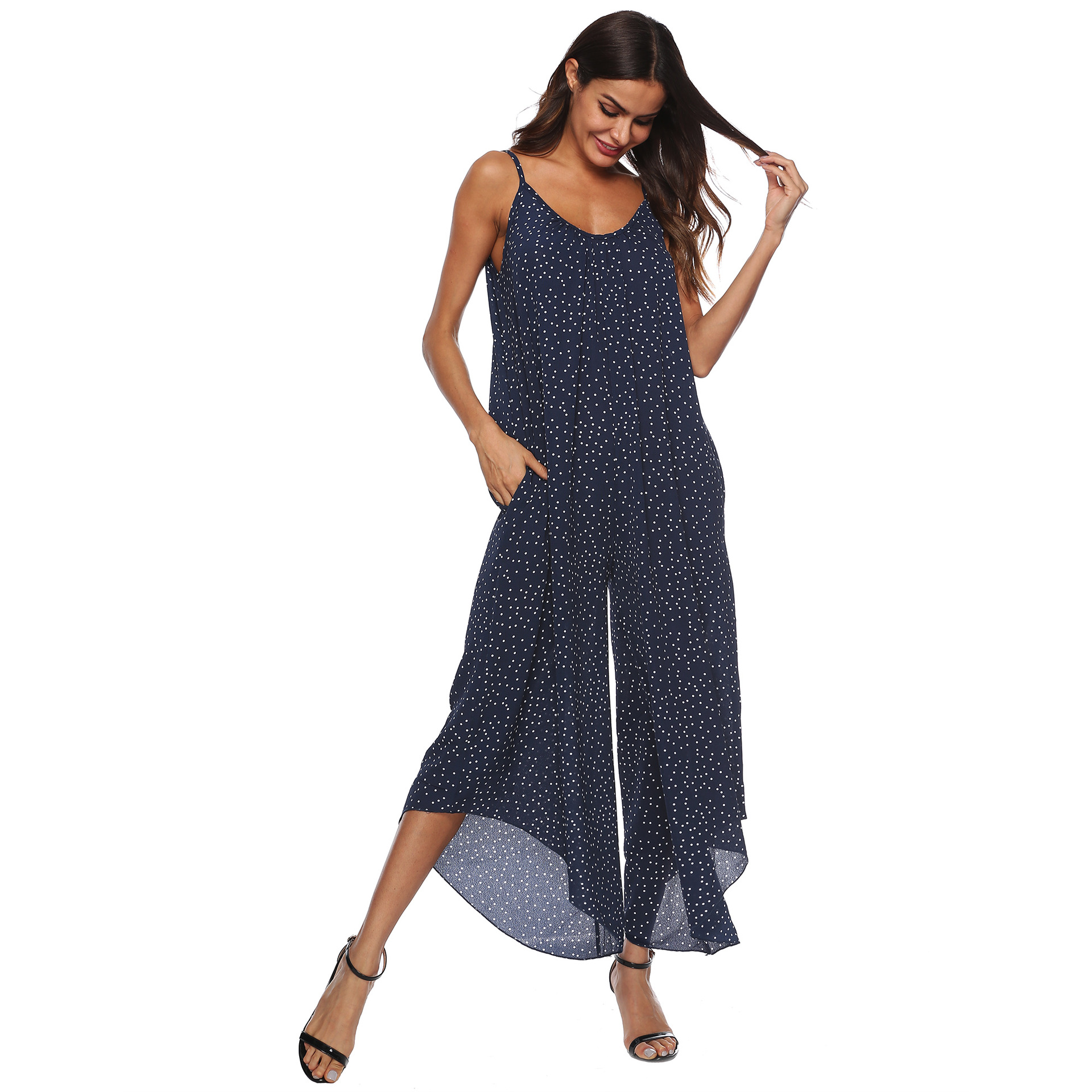 Plus Size Womens Polka Dot Asymmetrical Jumpsuit Loose Fit Wide Leg Spaghetti Straps Casual Summer Wear Wholesale