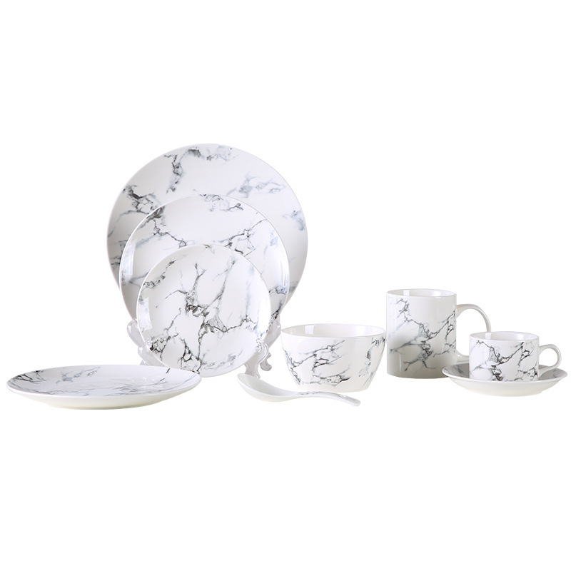 New Nordic Style Ceramic Western Plate Marble Pattern Round Plate Set Household Round Plate Custom LOGO