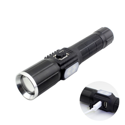 铝合金T6强光手电筒变焦USB充电应急手机充电野营灯户外照明跨境