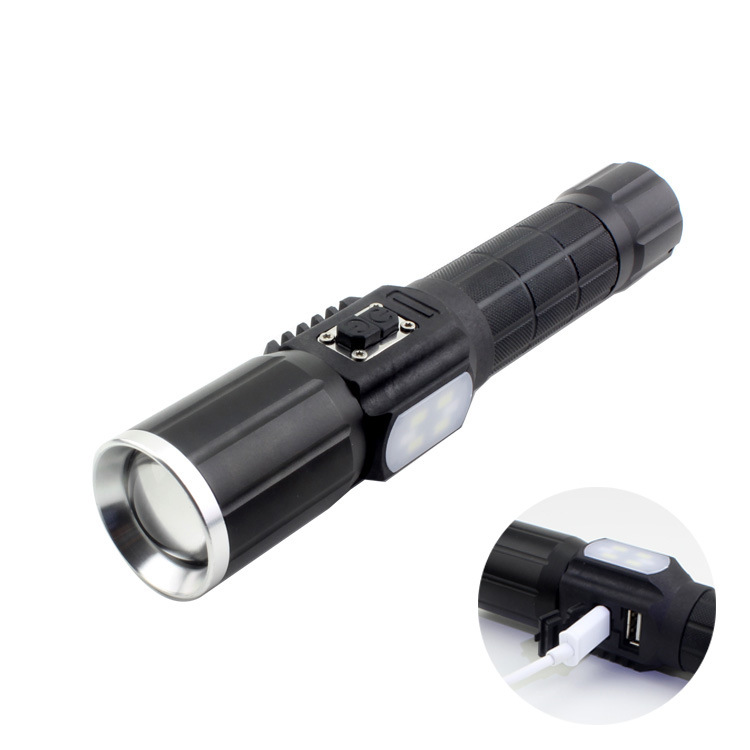 铝合金T6强光手电筒变焦USB充电应急手机充电野营灯户外照明跨境