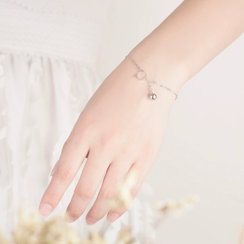 Bracelet (Emei) Cat charm with bell, Korean minimalist silver bracelet, simple student gift