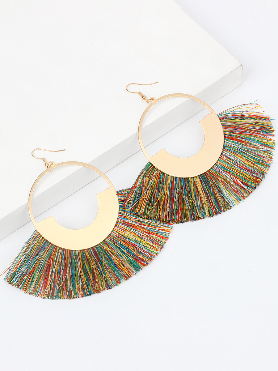 23g Weight No Inlaid Inlay Material Earrings Classification Travel, Birthday Occasion Sector Pattern Women'S Gender Ethnic Style Style Grey, Rose Red, Beige, Pink, Red, Green, Blue, Black Color Bohemian Red Retro Ethnic Style Triangle Cotton Thread Tassel Earrings 5