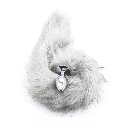 Flirting toy tail feathers light gray artificial fur small metal anal plug couple anal plug tail