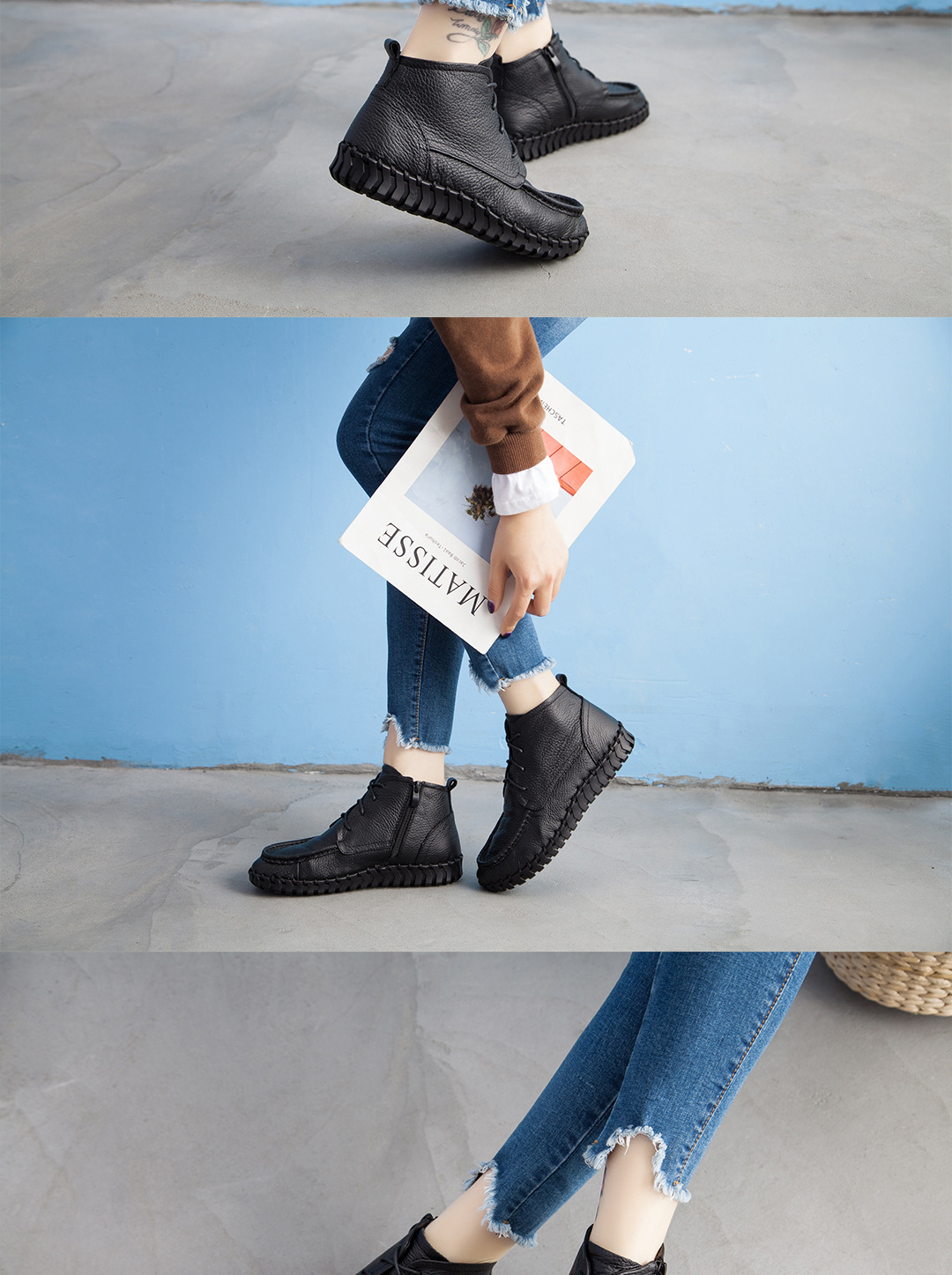 ShoeVault Xinrui 2023 Autumn Winter New Retro Short Soft Sole Comfortable Genuine Leather Flat Casual Single Boots Cotton Shoes_voghion.com