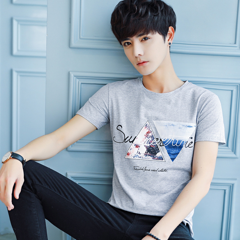 2018春夏男t恤日系潮修身学生打底衫休闲简约印花男式t恤春夏新款