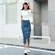 牛仔裙女 2018新款夏季中裙款 韩版拍钮中长款高腰简约半身裙