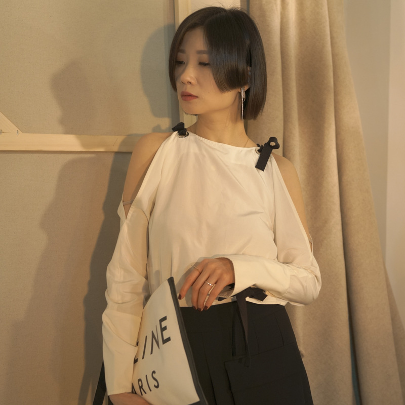 Designer Women Spring Wear New Round Neck Sling lou Shoulder with Sleeve Long Sleeve Shirt