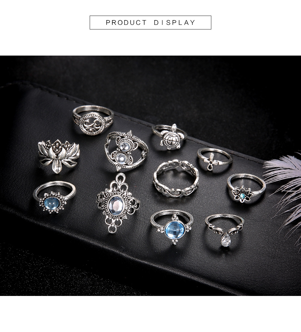 Fashion Gemstone Turtle Cross Lotus Water Drop Flower 11 Piece Set Ring display picture 6