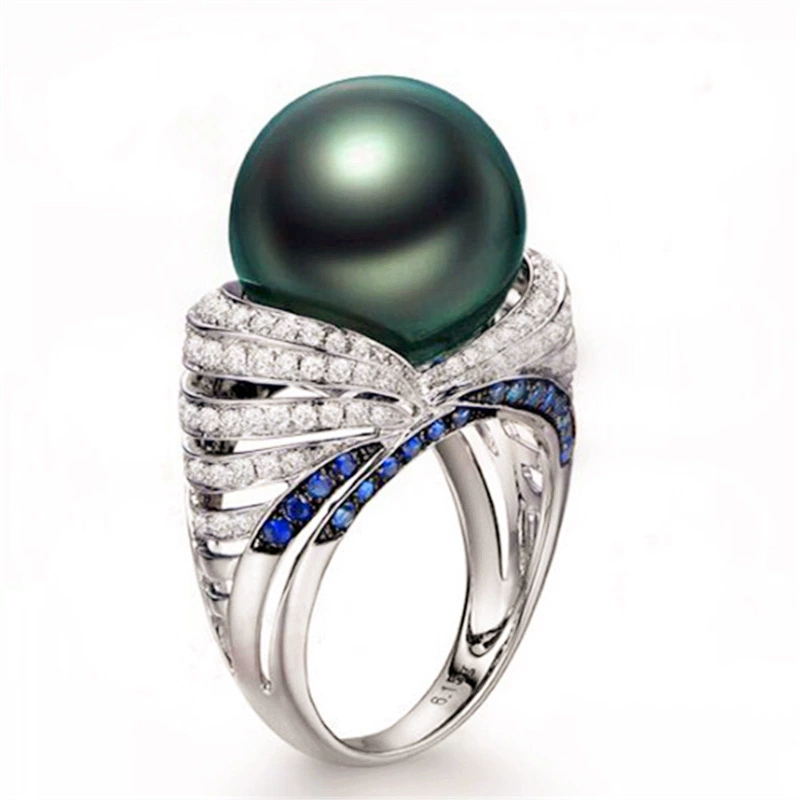 Популярные Новые Серебряные Кольца преувеличены Творческий инкрустированный Циркон черный жемчуг кольцо трансграничный