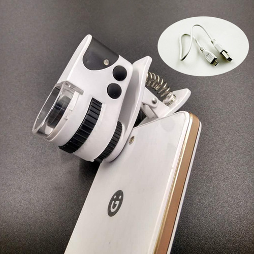 New USB rechargeable 50x 60x lighted LED mobile phone clip microscope identification banknote inspection magnifying glass