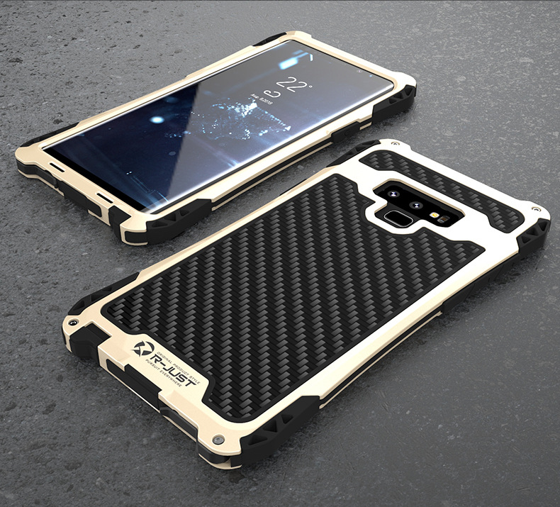 R-Just Amira Heavy Duty Dirtproof Shockproof Rainproof Aluminum Metal Bumper Carbon Fiber Back Cover Case for Samsung Galaxy Note 9