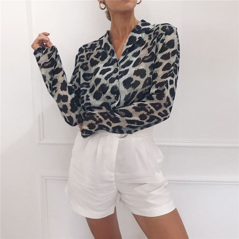 casual leopard print long-sleeved chiffon shirt  NSGE38987