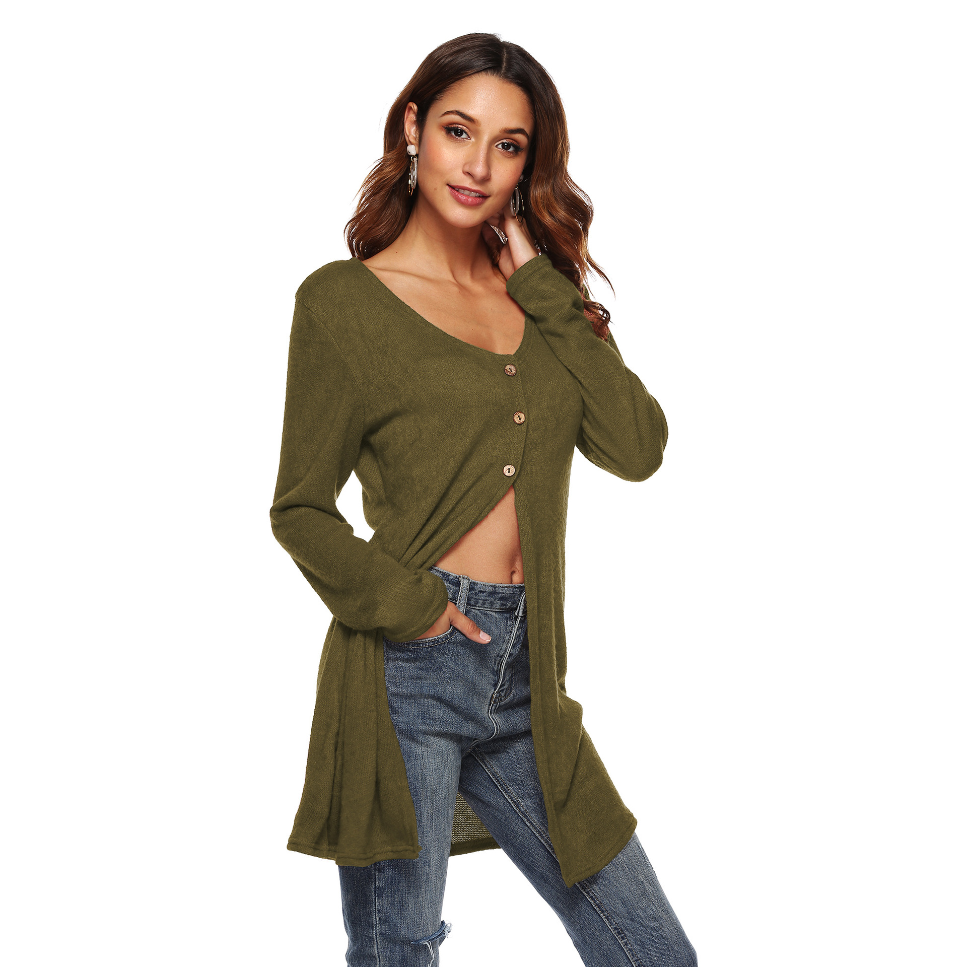 국경 유럽과 미국의 가을, 겨울 여성 의류 불규칙한 하이 슬릿 가디건 섹시한 티셔츠 탑 재킷 A1318