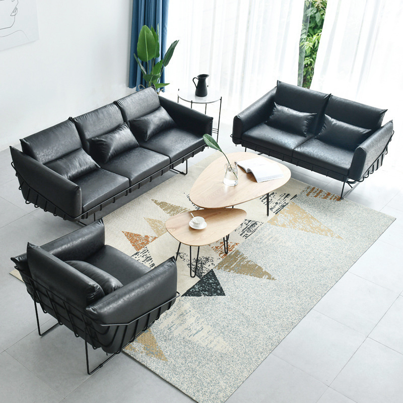 办公茶几沙发组合简约现代接待室会客厅皮艺三人位办公室铁艺沙发|ru