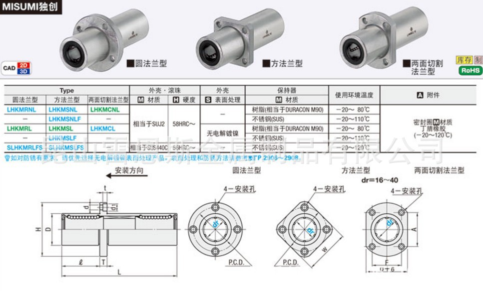 日本米思米MISUMI加长嵌入型/加长型带法兰直线轴承LHKMSNLF20