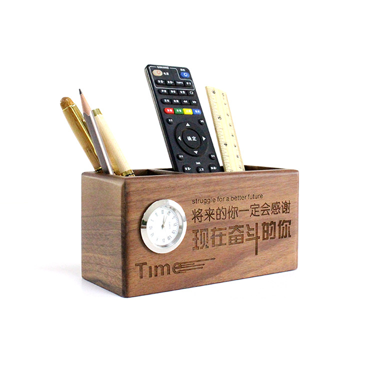 淘工厂多功能木质笔筒办公桌面摆件新中式创意产品带钟表笔筒定制