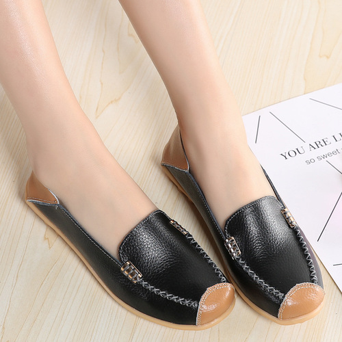  Spring/Summer Cross-border Plus Size Single Shoes Two-Layer Cowhide Mom Shoes Nurse Shoes Lace-Up Flat Bottom Casual Comfortable Peep-toe