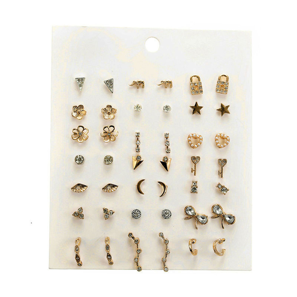 Fashion Rhinestone Pearl Lock Bow Heart Star Earrings 21 Pairs Wholesale Nihaojewelry display picture 1