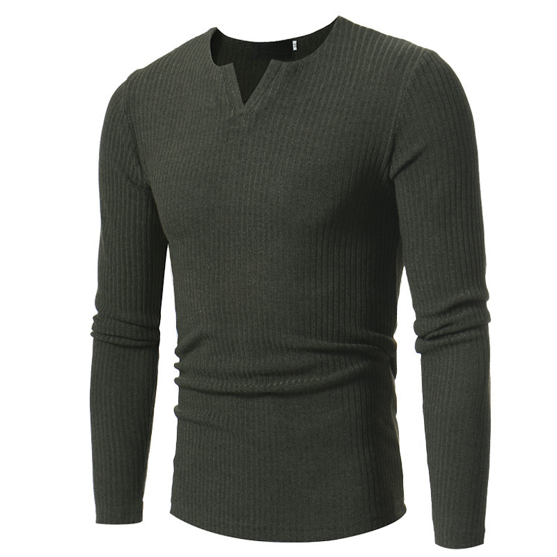 T-shirt da uomo con scollo a V a righe verticali a maniche lunghe lavorata a maglia sottile_voghion.com