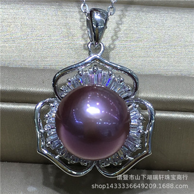 S925纯银梯方工艺镶嵌吊坠 11-12mm 紫罗兰淡水珍珠吊坠 正圆|ms