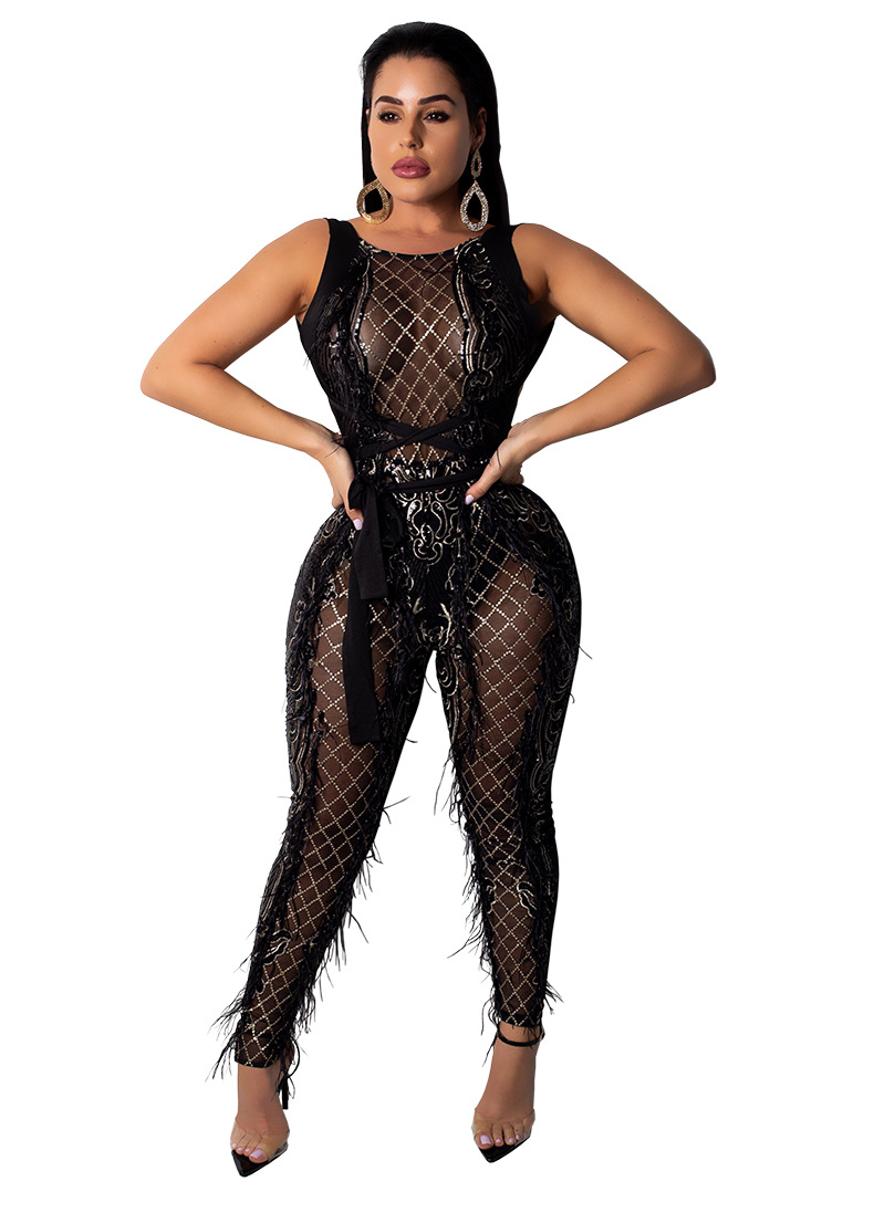 Sequin Backless Lace Up See Throuth Jumpsuit NSCYF80455