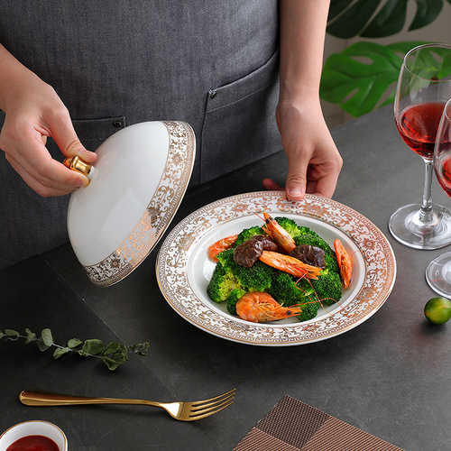 Hotel supplies tableware ceramic plates with lids, wing cups, abalone and sea cucumber rice plates, Western-style restaurant table setting, Japanese magnolia cups