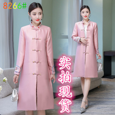 NE18266@2018女中国风优雅气质牡丹刺绣改良唐装风衣女中长款|ms