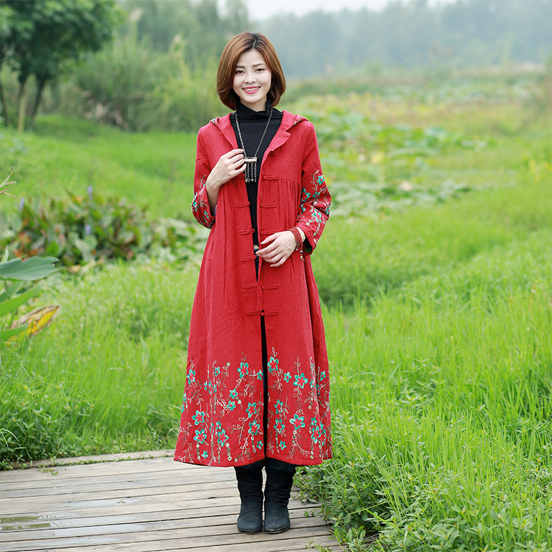 枝民族风女装棉麻刺绣带帽加长款外套女秋长袖复古中国风女装上衣