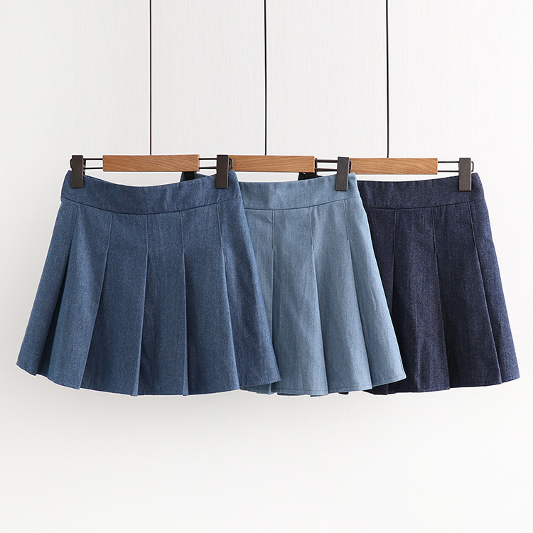 Nhật mới eo lỏng eo cao denim pleated váy váy nữ học sinh váy mỏng 30606