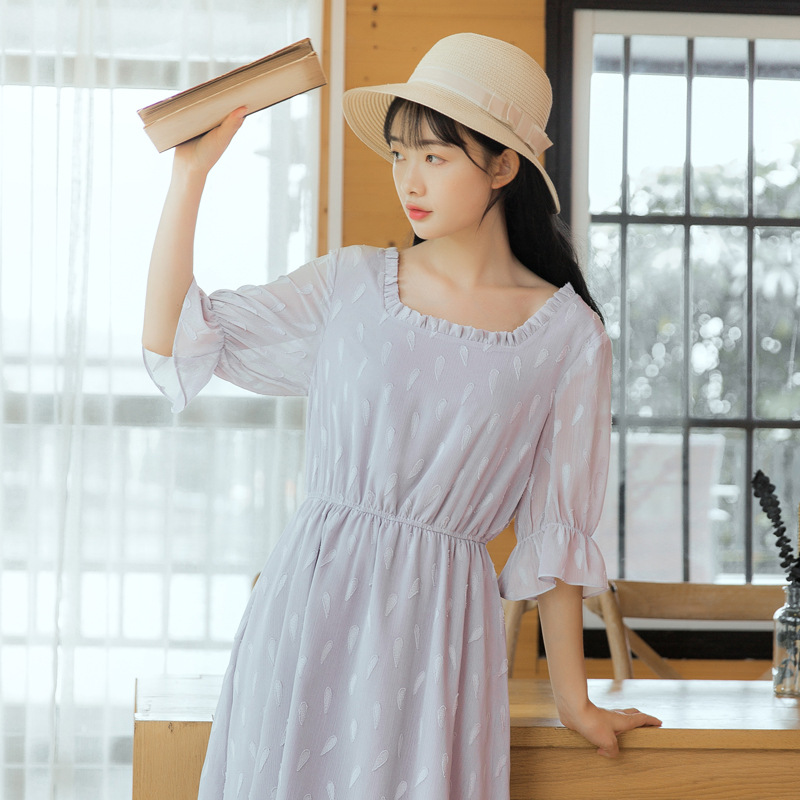 连衣裙女装2018夏季新款高腰短袖方领A字雪纺连衣裙