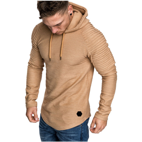 Men's round neck slim solid color hooded long-sleeved sweatshirt striped pleated raglan sleeves for men