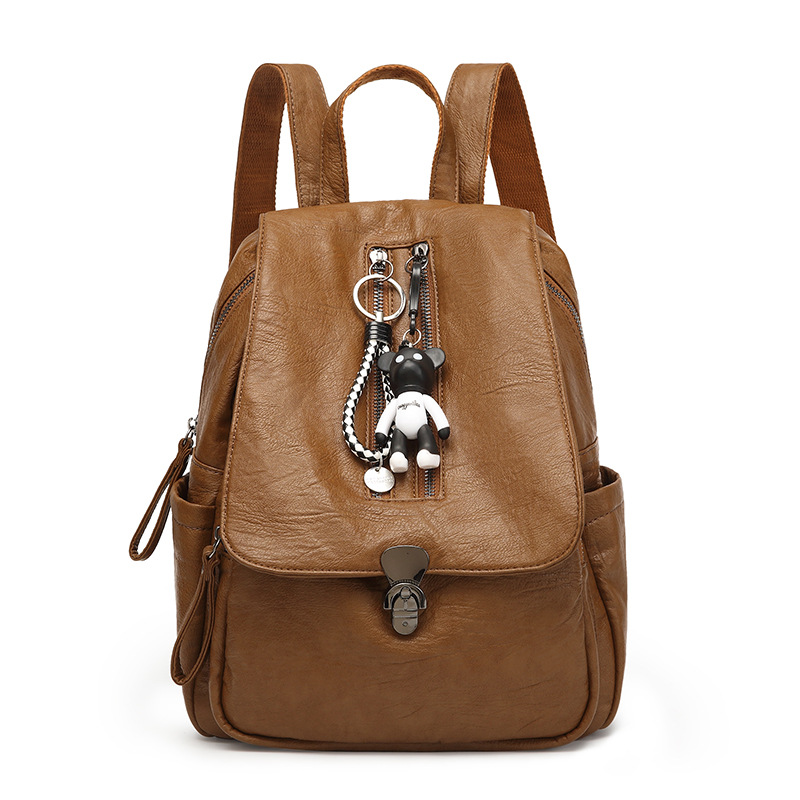 真皮双肩包女 2019年春季爆款背包羊仔皮休闲百搭女包送小熊批发