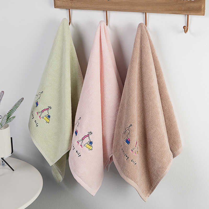 QBH厂家直销简约刺绣全棉毛巾 纯棉素色股纱面巾柔软吸水加厚混批