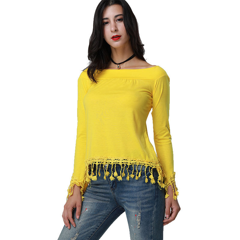 Womens Plus Size Long Sleeve Off Shoulder T Shirt Trendy Fringed Design Spring Summer Casual Wear Wholesale Available