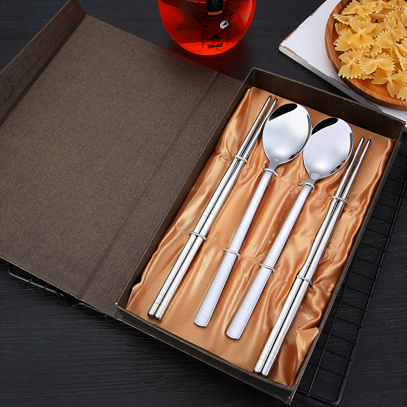 不锈钢长柄勺子大圆勺吃饭筷子二件套礼品餐具送礼套装LOGO